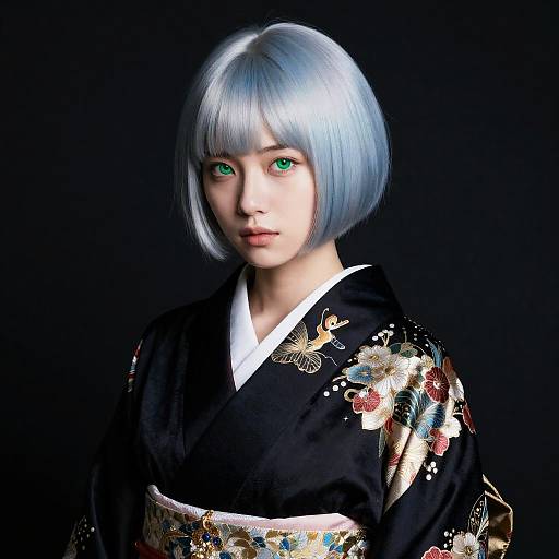 Silver-Blue Pixie in Embroidered Kimono