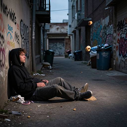 Photograph of a young man in a black hoodie and grey pants, sitting on an alley floor, watching a glowing orb hover, surrounded by graffiti and