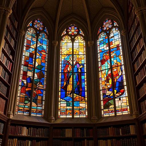 Photograph of vibrant, multi-colored Gothic-style stained glass windows in a library, featuring intricate religious figures, set against dark wooden bookshelves.