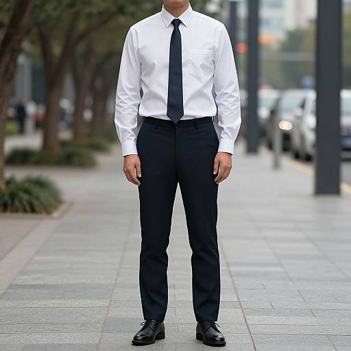 Photograph of a man standing on a city sidewalk, wearing a white dress shirt, black tie, black pants, and black shoes. Blurred background