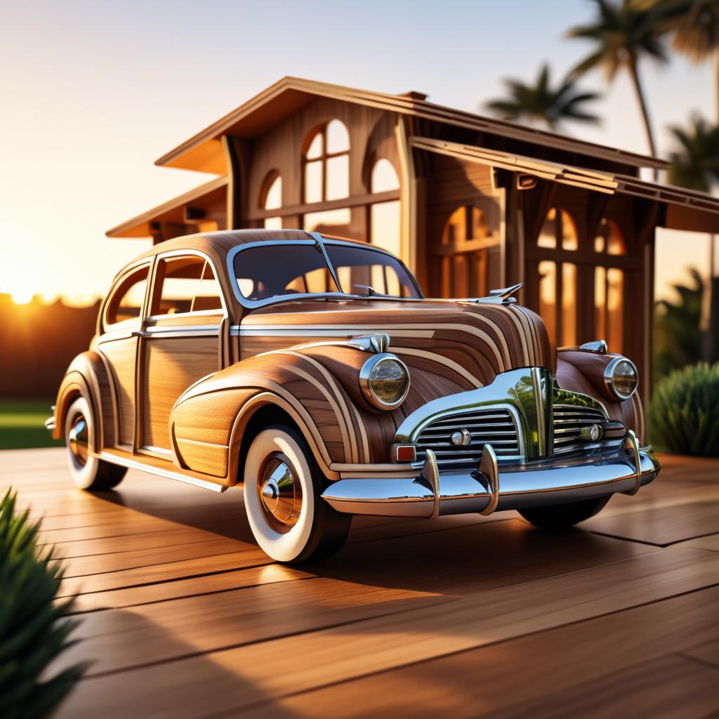 Hyperrealistic Wooden Car at Sunset