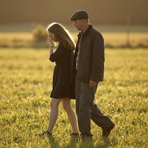 Sunlit Couple Walking in Field