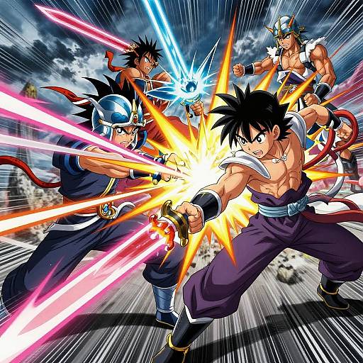 Dynamic anime-style illustration of Goku and five other warriors, firing colorful energy beams, mid-battle, against a starry, action-filled sky background.