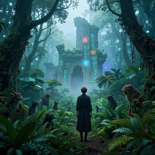 Digital artwork: A person in a dark coat stands in a misty, glowing forest, facing a futuristic, neon-lit, ancient temple. Fern
