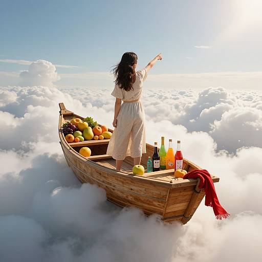 A woman in a white dress stands in a wooden boat filled with fruit and drinks, pointing into the sky, surrounded by fluffy clouds. Surreal,