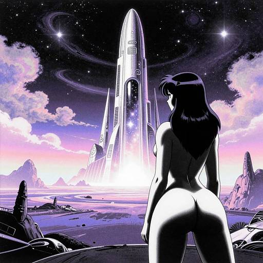 Digital art: Naked woman with long dark hair stands in foreground, staring at towering futuristic spaceship under starry, colorful sky.