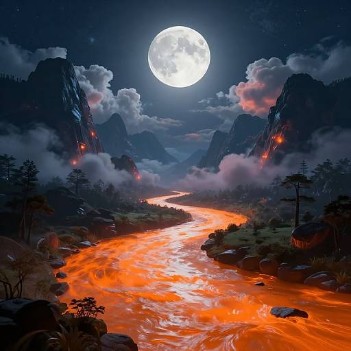Digital fantasy artwork: vivid orange lava river snakes through dark, misty mountains under a bright full moon, with rocky landscapes and silhouetted trees