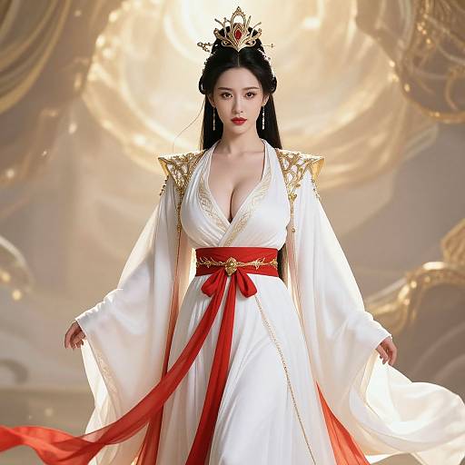 Digital art of an East Asian woman with fair skin, black hair in an updo, wearing a white, deep V-neck gown with gold embroidery,