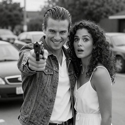 Man Pointing Gun with Woman Showing Surprise