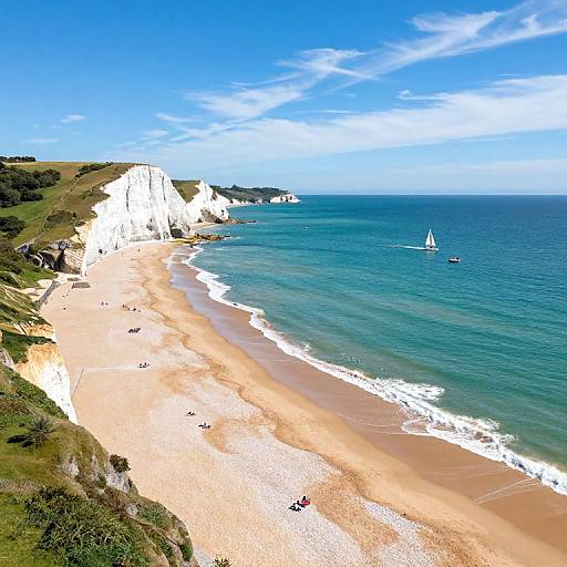 Aerial photograph of a sandy beach with white chalk cliffs, blue ocean, scattered small boats, and green grassy hills.