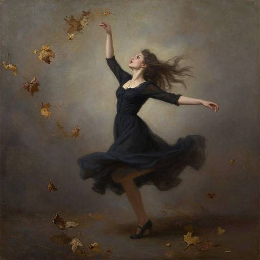 Photograph of a woman in a flowing black dress, arms raised, surrounded by floating autumn leaves against a muted, textured gray background.