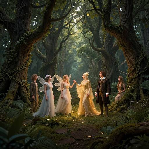 Photograph of a fairy-tale forest wedding with five fairy-like brides in glowing gowns, translucent wings, and a dark-suited groom, illuminated