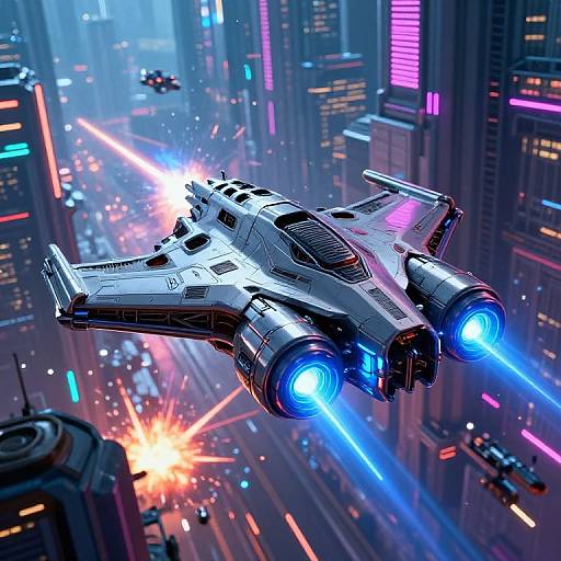 Digital artwork of a sleek, silver X-wing starfighter with blue laser blasts, flying over a neon-lit, futuristic cityscape with explosions and other