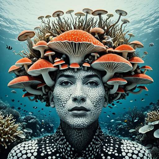 Surreal Portrait with Mushroom and Coral Reef Elements