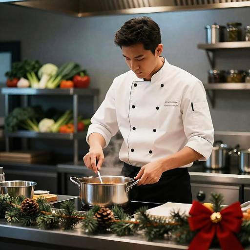 Focused Chef Cooking in Festive Kitchen