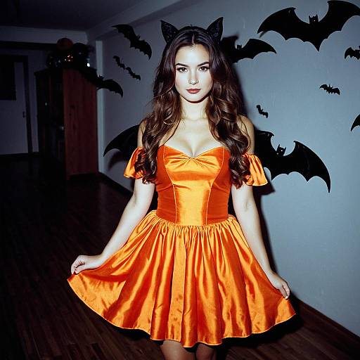 Woman in Orange Halloween Dress with Bat Decorations