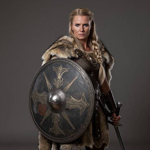 Photograph of a blonde, blue-eyed Viking warrior woman in fur cloak, holding a large, ornate shield with a cross emblem and a sword.