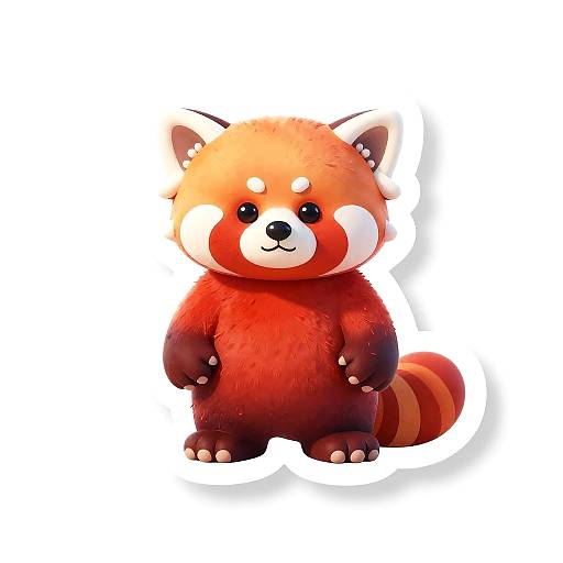 Cute digital illustration of a chubby, red-furred red panda with white facial markings, small black nose, and striped tail, standing on a white