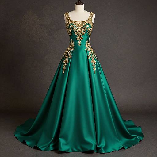 Photograph of an elegant, emerald green, full-length gown with gold floral embroidery on the bodice, displayed on a white mannequin against