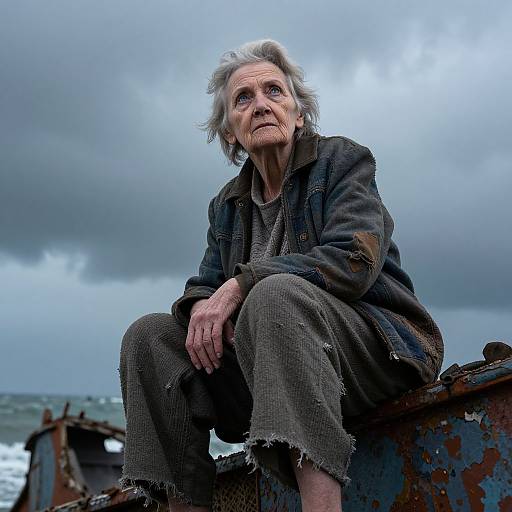 Photograph of an elderly woman with short gray hair, wearing tattered dark clothes, sitting on a rusty boat against a cloudy, overcast sea backdrop