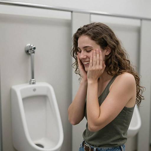 Woman Smiling in Restroom with Urinal