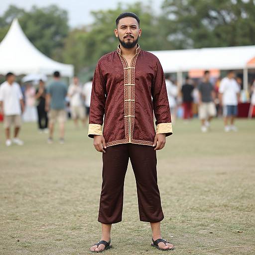 Photograph of a bearded man with short black hair, wearing a brown traditional long-sleeve tunic with yellow trim and brown pants, standing