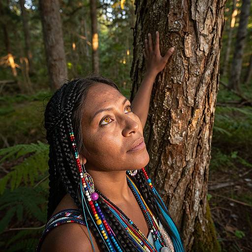Photograph of a dark-skinned woman with braided hair wearing colorful beaded jewelry, leaning against a tree in a sunlit forest.