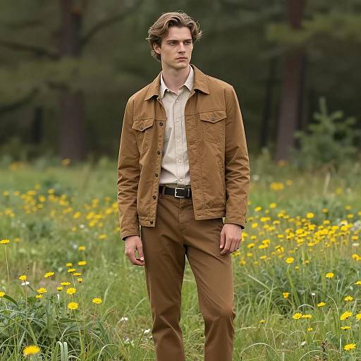 Young Man in Brown Jacket Standing in Flower Field