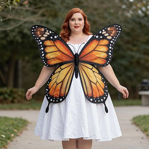 Photograph of a fair-skinned, red-haired woman with large, colorful butterfly wings (orange and black) wearing a white, knee-length dress,