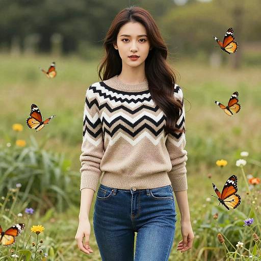 Stylish Woman in Geometric Sweater