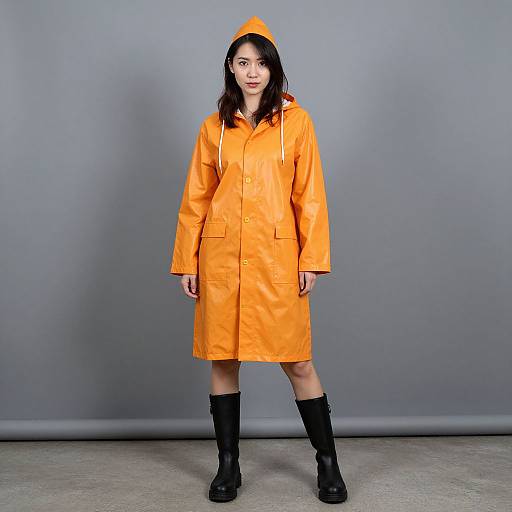 Photograph of an Asian woman with long black hair, wearing an orange hooded raincoat, black boots, and standing against a plain gray background.