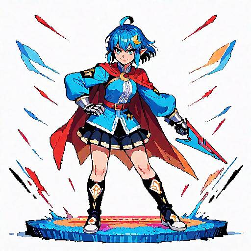 Digital anime-style drawing of a blue-haired, elf-eared girl in a blue top, red cape, black skirt, and boots, standing confidently with