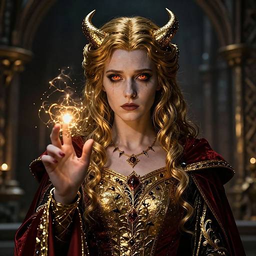 Digital fantasy artwork of a pale-skinned, red-eyed demon queen with golden horns, long curly blonde hair, and ornate golden armor, holding a