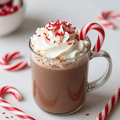 Photograph of a glass mug filled with hot chocolate topped with whipped cream, red sprinkles, and a candy cane, surrounded by scattered candy canes
