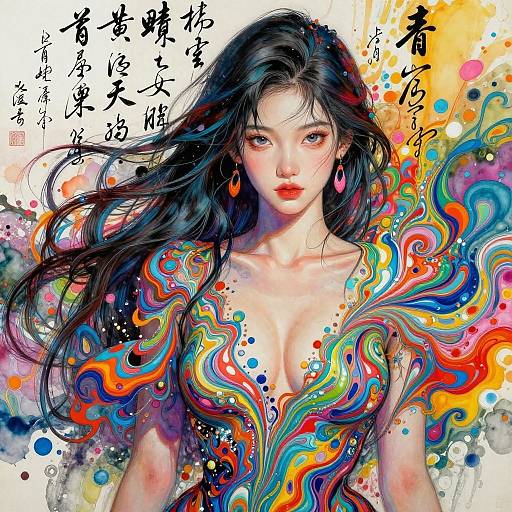 Digital art of an East Asian woman with long black hair, vibrant colorful swirls, plunging neckline, and red earrings, surrounded by Japanese text.