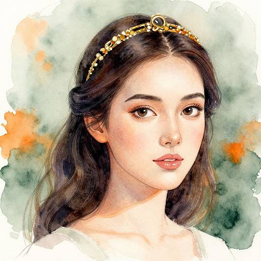 Digital painting of an Asian woman with fair skin, dark brown hair, and a golden tiara, wearing a white dress, against a soft, blurred