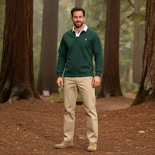 Photograph of a bearded man with short dark hair, wearing a dark green sweater, white shirt, beige pants, and tan boots, standing in
