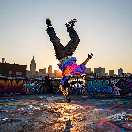 Photograph of a male skateboarder mid-flip, colorful shirt, black pants, sunsetting urban background, graffiti-covered rooftop, vibrant colors, dynamic