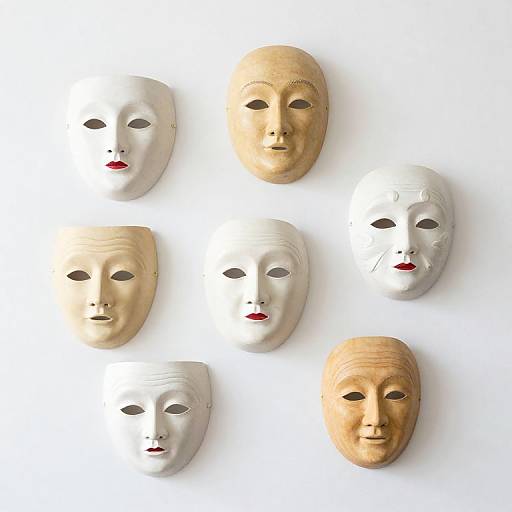 Photograph of six classic, stylized masks with varied skin tones—three white, three wood-colored—arranged on a white background, each with