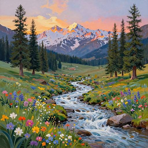 Vibrant Mountain Stream Sunset Landscape