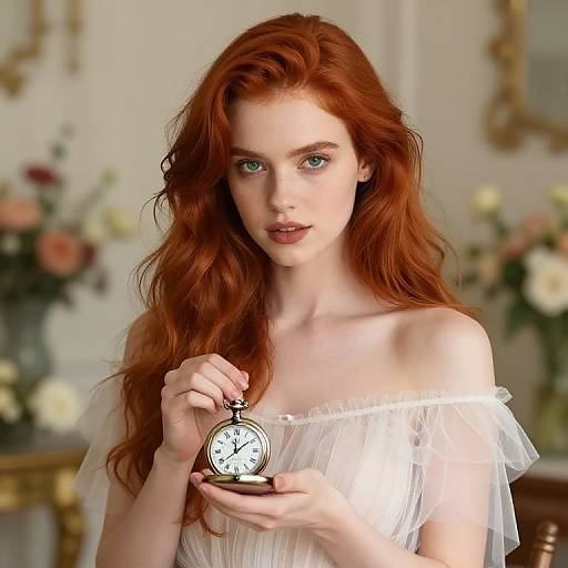 Photograph of a fair-skinned, red-haired woman with blue eyes, wearing a white, off-shoulder, sheer dress, holding an antique