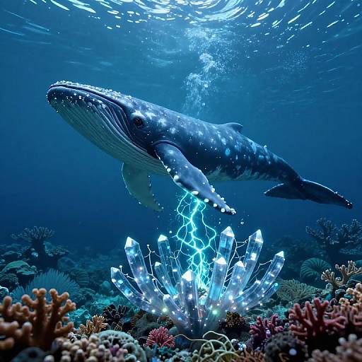 Digital artwork of a glowing blue whale swimming above vibrant underwater coral reef with radiant crystal formations, illuminated by underwater light.