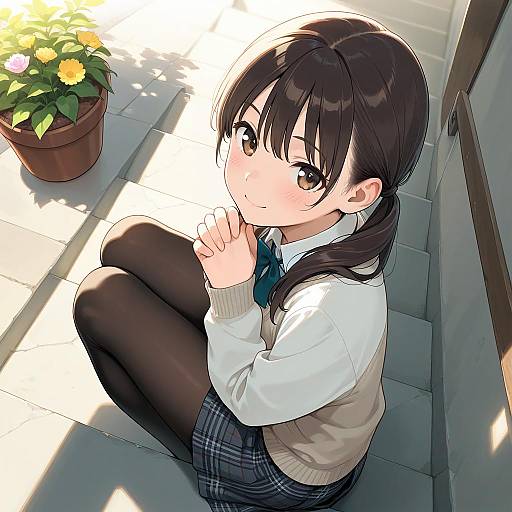 Girl Sitting on Stairs with Flowers