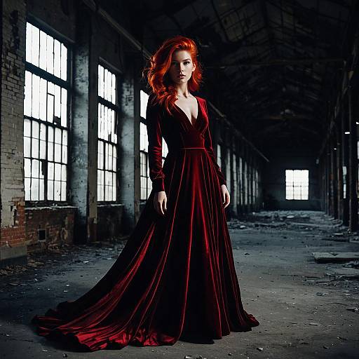 Elegant Woman in Velvet Gown in Abandoned Warehouse