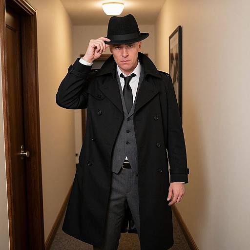 Photograph of a serious white man in a black trench coat, pinstripe suit, black tie, white shirt, and black fedora, standing