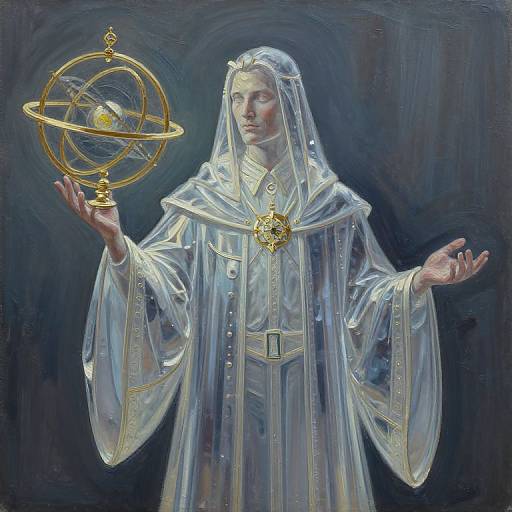Digital painting of a serene, translucent-robed figure holding a golden orrery with a small glowing orb, against a dark blue background.