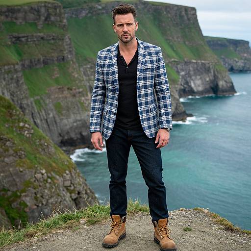Photograph of a bearded man in a black shirt, blue plaid blazer, and black jeans, standing on a cliff overlooking a coastal landscape