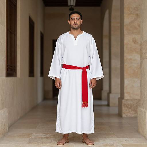Photograph of a middle-aged South Asian man with dark hair and beard, wearing a white traditional robe with a red sash, standing barefoot in