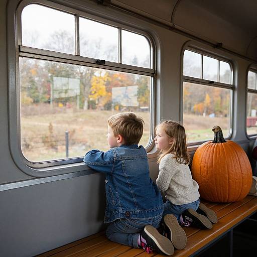 Photograph of two children in denim jackets, sitting on a train bench, gazing out windows, with a large pumpkin beside them. Autumn scenery visible