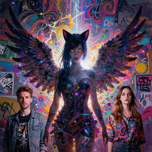 Photograph of a surreal scene with a woman with cat ears and black wings, glowing eyes, flanked by a man and woman, against a vibrant